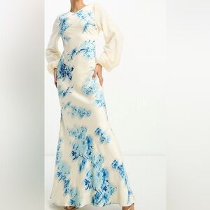 ASOS DESIGN contrast sleeve satin bias maxi dress in white and blue floral print